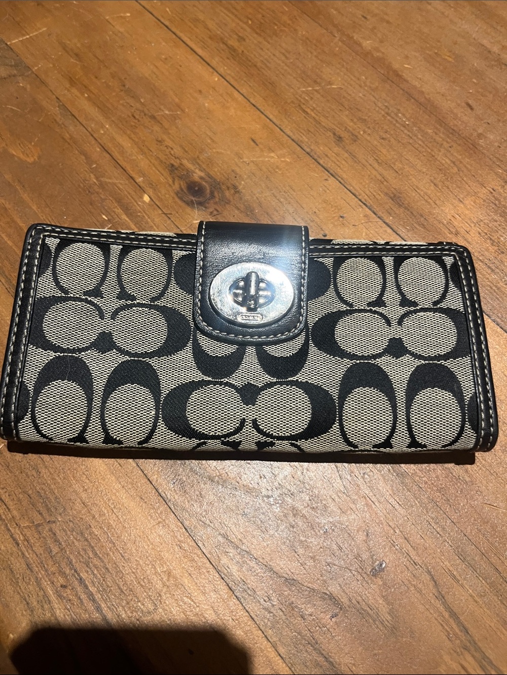 Coach Black & Tan Signature Canvas Turnlock Wallet